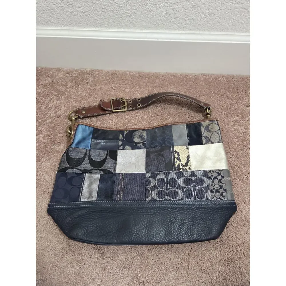 Coach Vintage B063-10003 Indigo Denim Blue Patchwork Leather Mixed Media Handbag